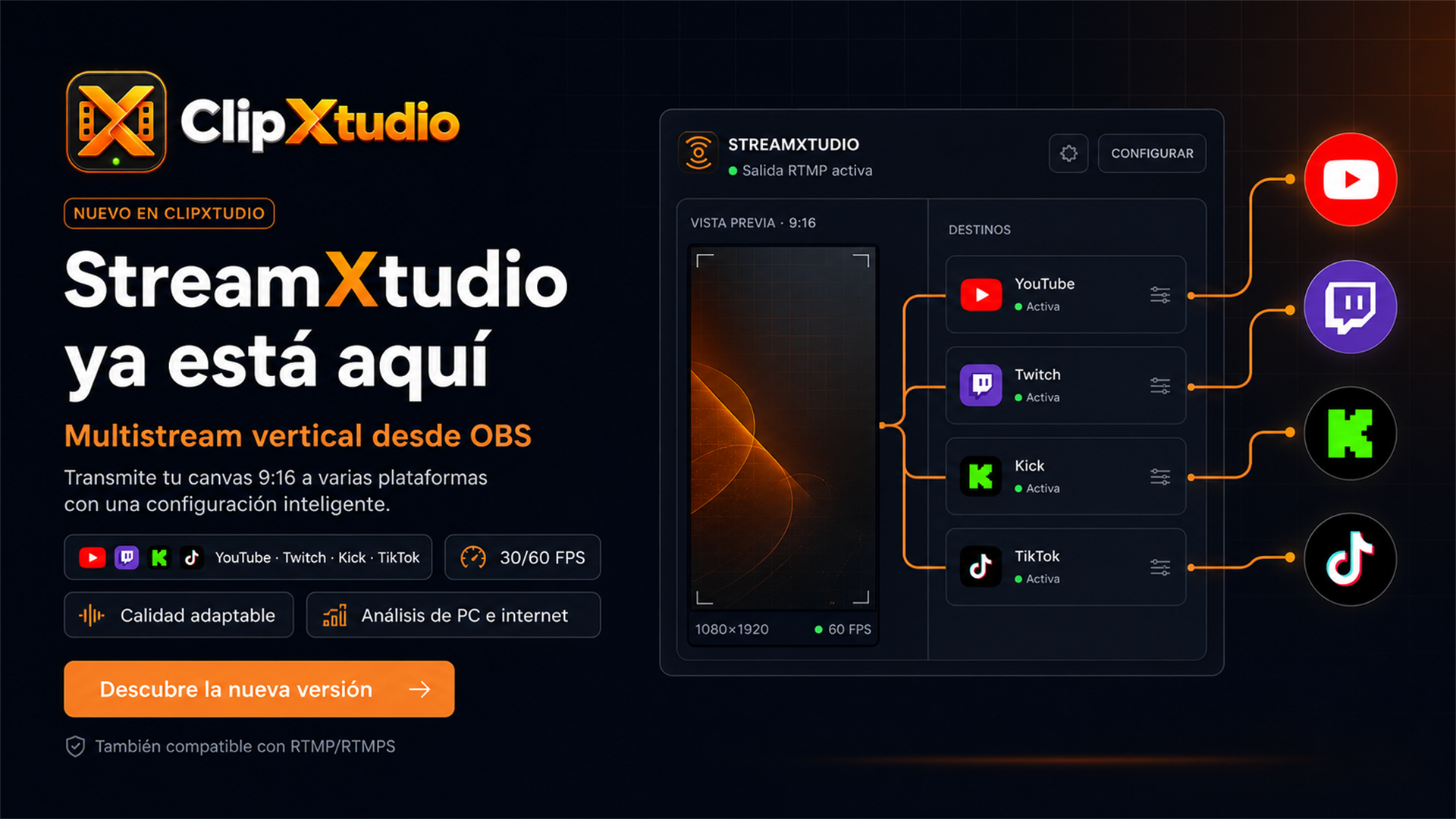 StreamXtudio broadcasting the ClipXtudio vertical canvas to YouTube, Twitch, Kick, and TikTok